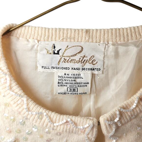 Vintage Beaded Cardigan Sweater Primstyle 38 Cream Angora Wool Sequin Hong Kong - Picture 8 of 16